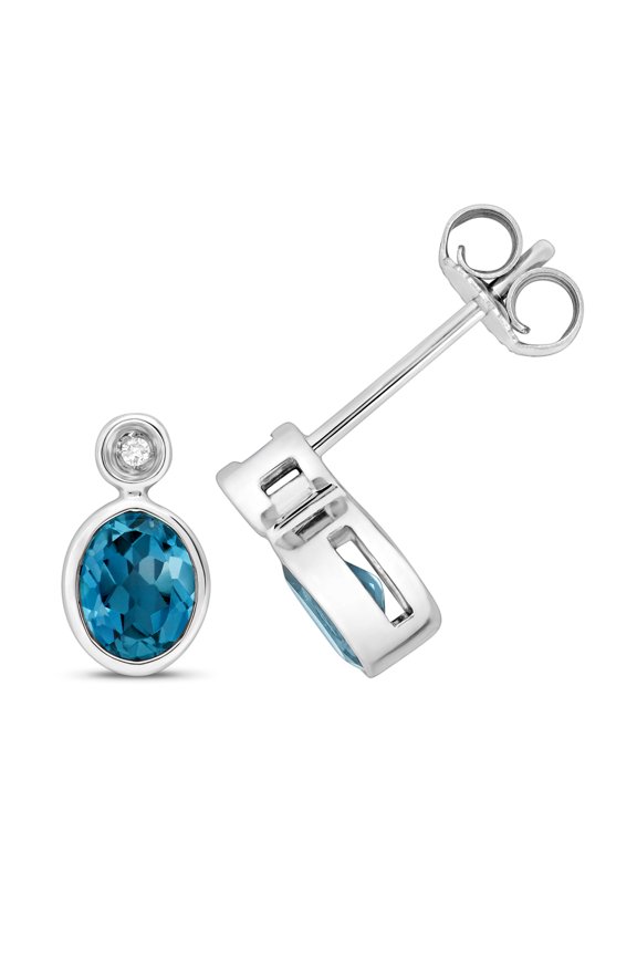 9k White Gold Women Diamond Stud Earrings Brilliant Cut with London BlueTopaz - 9mm*5mm