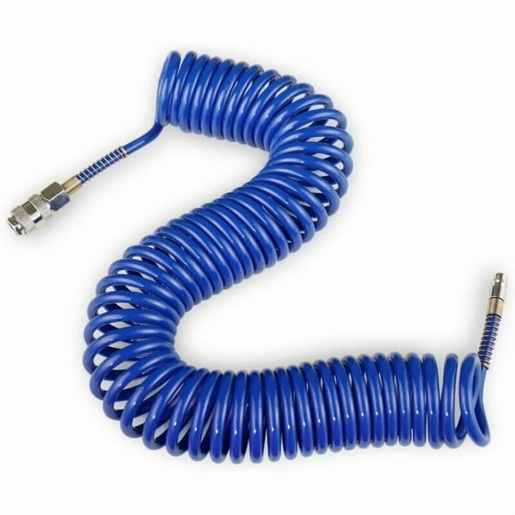 9m Spring PU Air Hose Coiled PU Air Hose Pneumatic Hose for Air Line or Fluid Transfer, with Bend Restrictor Quick Coupler and Plug