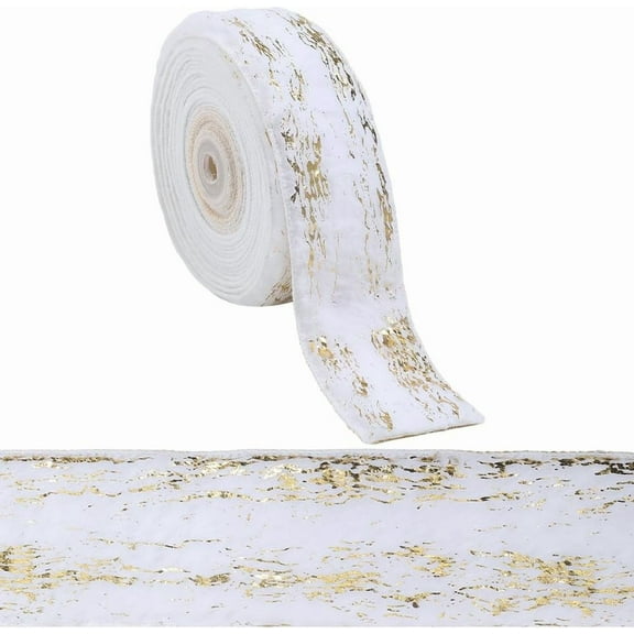 9m x 50mm Christmas Fur Wired Ribbon White Edge Metallic Decorative Trim Ribbon with Gold Foil for DIY Crafts Xmas Tree Wreaths Garland Bows Making Gift Wrapping Festivals Home DecorWhite