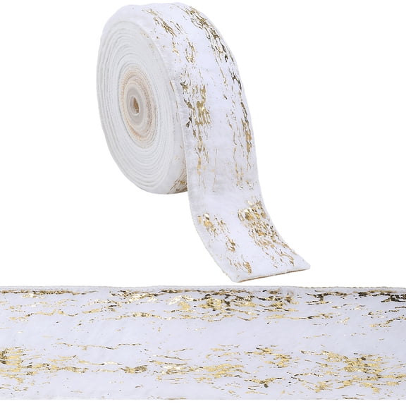 9m x 50mm Christmas Fur Wired Ribbon White Edge Metallic Decorative Trim Ribbon with Gold Foil Crafts Xmas Tree Wreaths Garland Bows