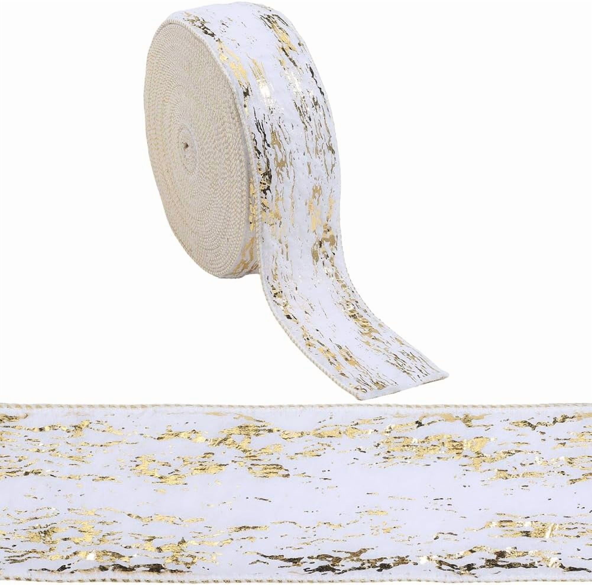 9m x 50mm Golden Wired Ribbon White Fur Trim with Gold Foil Metallic ...