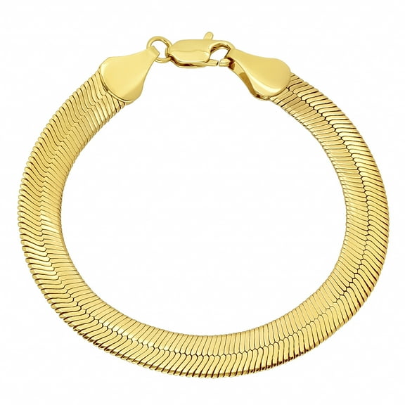 9mm 14k Yellow Gold Plated Flat Herringbone Chain Bracelet, 7 inches