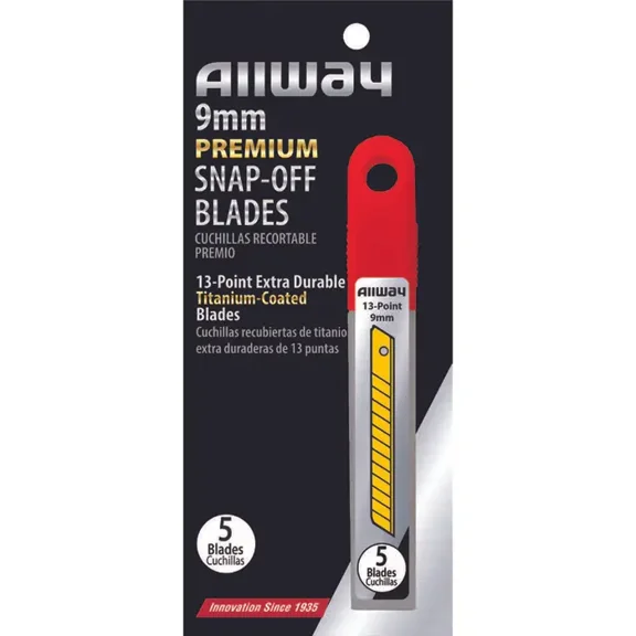9mm Allway SB9-5T Red/Black B-Series Carded, Extra Durable Titanium 13-Point Snap Blade with Safety Holder Dispenser, 5 Blade Pack