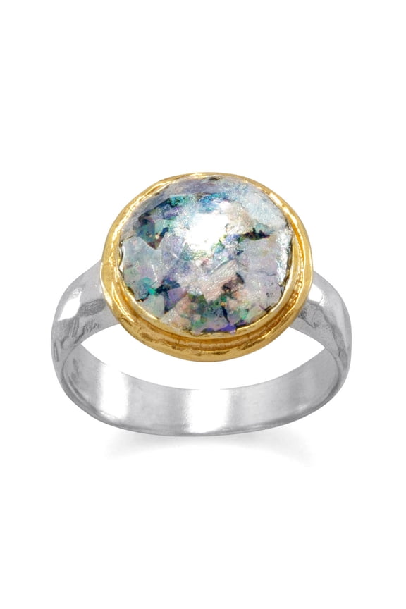 9mm Ancient Roman Glass Gold Plated 925 Sterling Silver Edge Hammered 3.5mm Band Ring Size 7 Ring for Women and Men