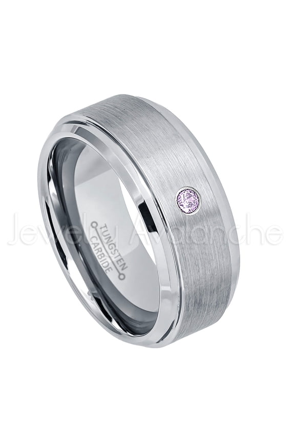 9mm Brushed Men's Tungsten Ring Tungsten Ring - 0.07ct Solitaire Amethyst Ring - Personalized Tungsten Wedding Ring - Custom Made February Birthstone Ring TN023BS