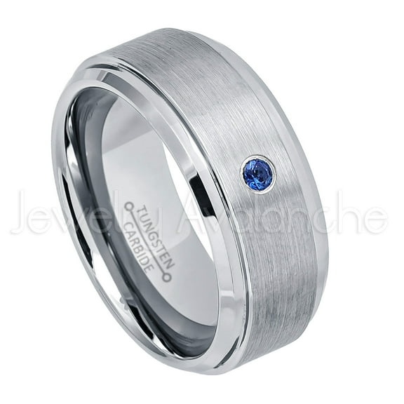 9mm Brushed Men's Tungsten Ring Tungsten Ring - 0.07ct Solitaire Blue Sapphire Ring - Personalized Tungsten Wedding Ring - Custom Made September Birthstone Ring TN023BS
