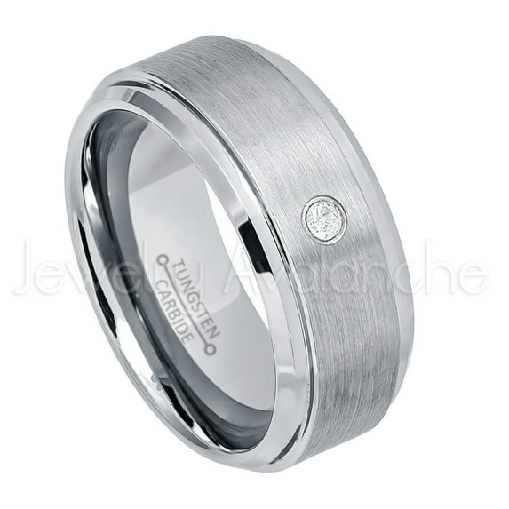 9mm Brushed Men's Tungsten Ring Tungsten Ring - 0.07ct Solitaire Diamond Ring - Personalized Tungsten Wedding Ring - Custom Made April Birthstone Ring TN023BS