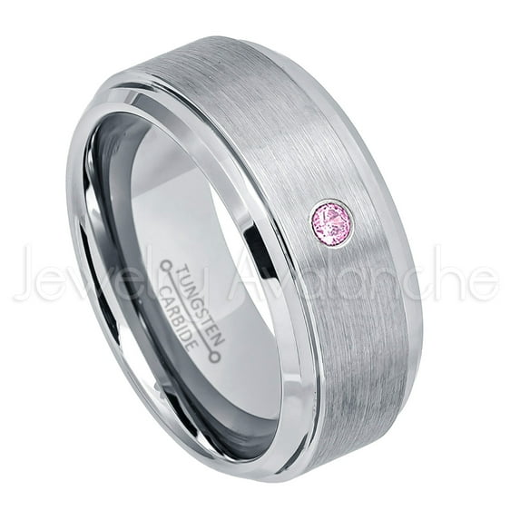 9mm Brushed Men's Tungsten Ring Tungsten Ring - 0.07ct Solitaire Pink Tourmaline Ring - Personalized Tungsten Wedding Ring - Custom Made October Birthstone Ring TN023BS
