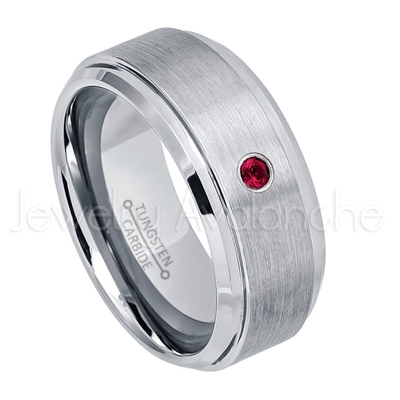 9mm Brushed Men's Tungsten Ring Tungsten Ring - 0.07ct Solitaire Ruby Ring - Personalized Tungsten Wedding Ring - Custom Made July Birthstone Ring TN023BS