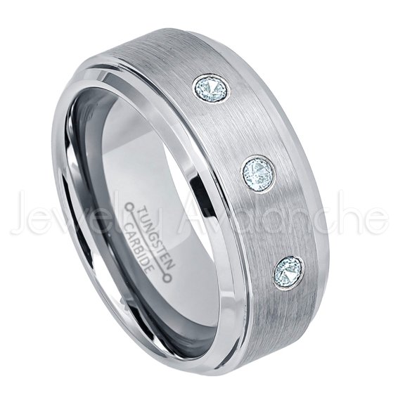 9mm Brushed Men's Tungsten Ring Tungsten Ring - 0.21ctw Aquamarine 3-stone Band - Personalized Tungsten Wedding Ring - Custom Made March Birthstone Ring TN023BS