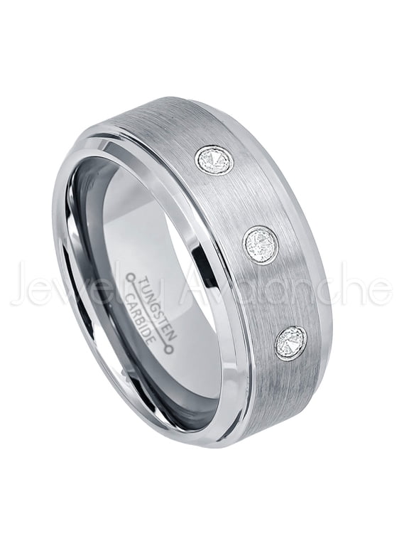 9mm Brushed Men's Tungsten Ring Tungsten Ring - 0.21ctw Diamond 3-stone Band - Personalized Tungsten Wedding Ring - Custom Made April Birthstone Ring TN023BS