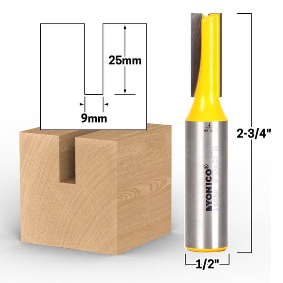 9mm CD x 25mm CL Straight Router Bit Metric - 1/2" Shank - Yonico 14889