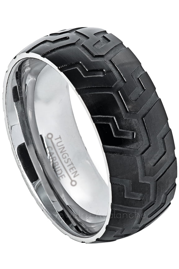9mm Carved Tire Tread Tungsten Carbide Ring - 2-Tone Comfort Fit Tungsten Wedding Band JATN629Ns9.5