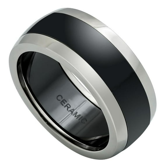 9mm Ceramic Ring Domed Black Ceramic Center with Stainless Steel Sides Wedding band Ring for Men and Ladies