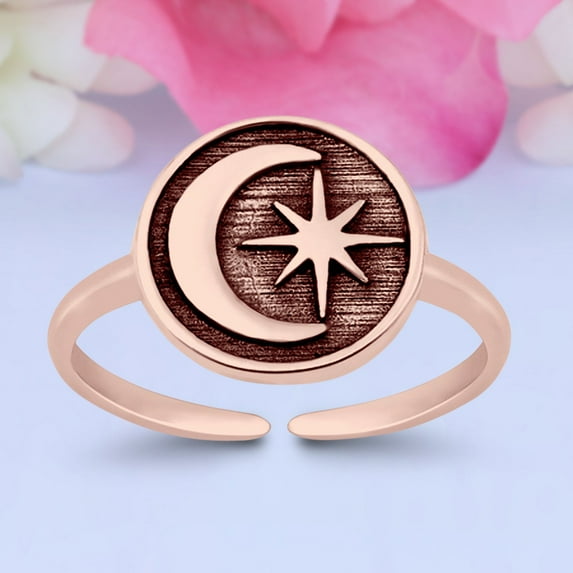 9mm - Crescent Moon & Star Toe Band Ring 925 Sterling Silver Thin Adjustable Stylish Rings for Women