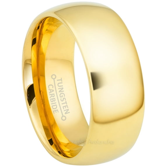 9mm Dome Tungsten Wedding Band - Polished Finish Yellow Gold Plated Comfort Fit Tungsten Carbide Ring - Men's Anniversary Ring - TN095s12.5