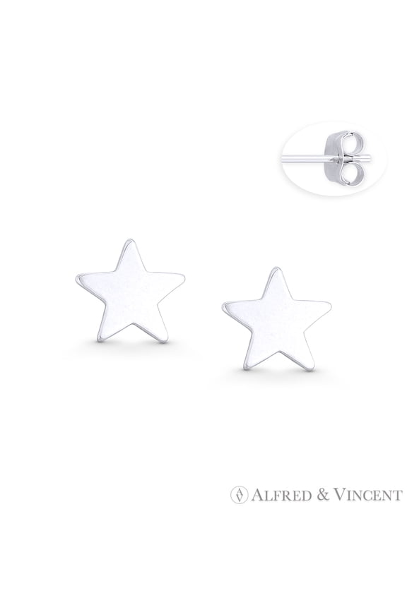 9mm Flat Star Celestial Charm Stud Earrings w/ Push-Back Posts in .925 Sterling Silver