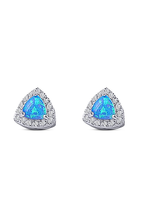 9mm Halo Art Deco Trillion Triangle Stud Women Earring Lab Blue Opal 925 Sterling Silver