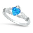 thumbnail image 1 of 9mm High-Polished .925 Sterling Silver Blue Opal (October) Opal Heart Claddagh Ring, Size 11.5 + Jewelry Cloth & Pouch, 1 of 6