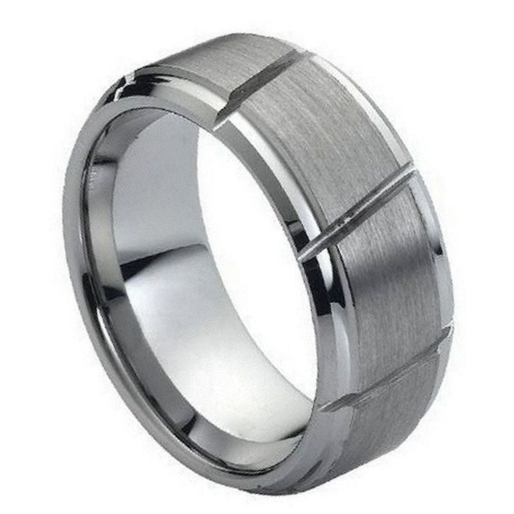 9mm Multiple Diagonal Grooves Brushed Center Wedding Band Ring For Men ...