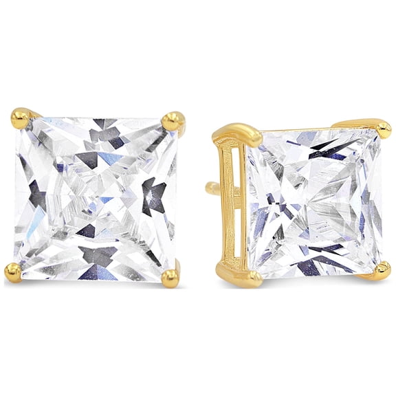 9mm Princess Cut Cubic Zirconia Basket Set Solitaire Stud Earrings Gold Plated Sterling Silver
