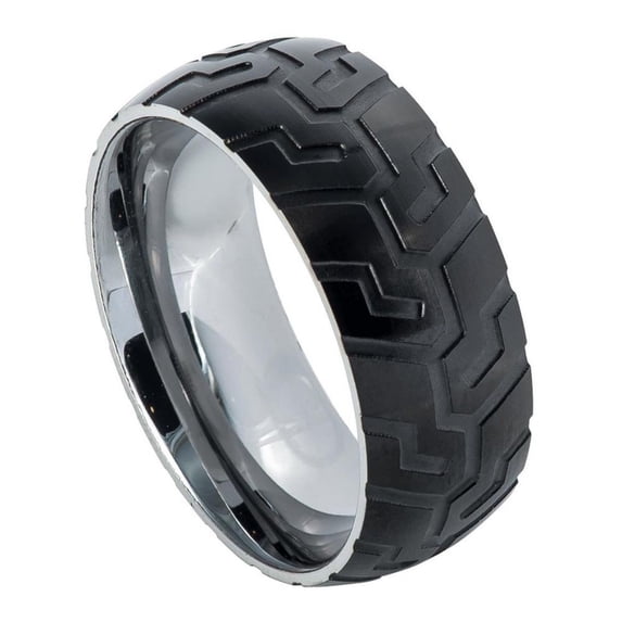 9mm Semi-domed Ring with Black IP Plated with Super Sleek Tire Tread Laser Carved Pattern Wedding Band Ring For Men Or Ladies