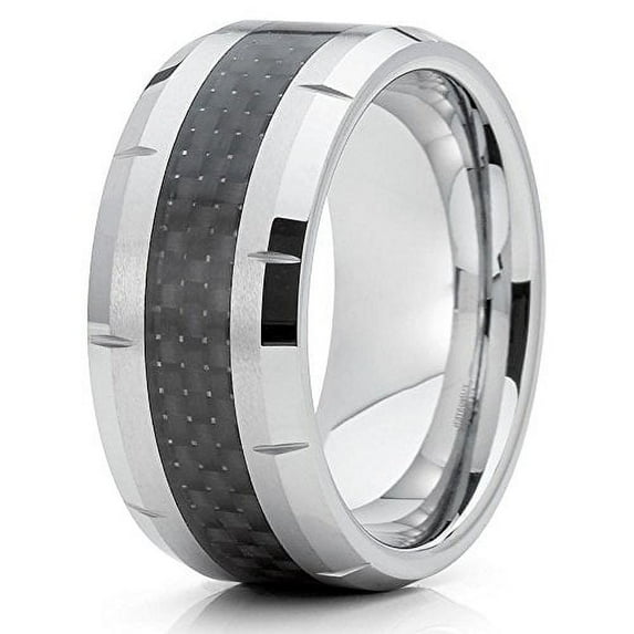 9mm Silver & Black Carbon Fiber Tungsten Wedding Ring Beveled Edges Grooved Unisex Band 7.5