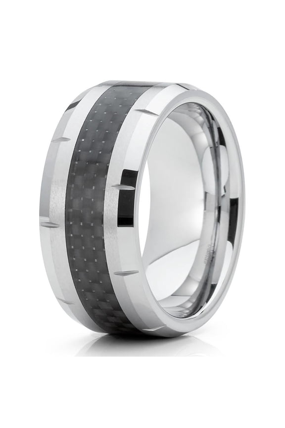 9mm Silver and Black Carbon Fiber Tungsten Wedding Ring Beveled Edges Grooved Unisex Band 10