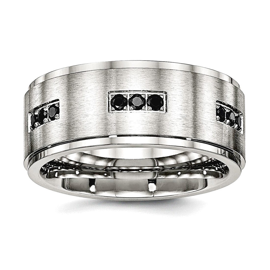 9mm Stainless Steel Brushed and Polished Ridged Edged Black Cubic Zirconia Ring Size 12 Ring for Women