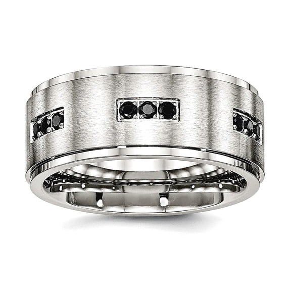 9mm Stainless Steel Brushed and Polished Ridged Edged Black Cubic Zirconia Ring Size 9.5 Ring for Women