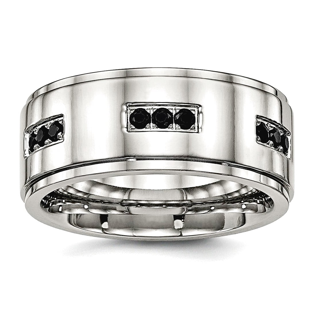 9mm Stainless Steel Polished Ridged Edged Black Cubic Zirconia Ring Size 12 Ring for Women