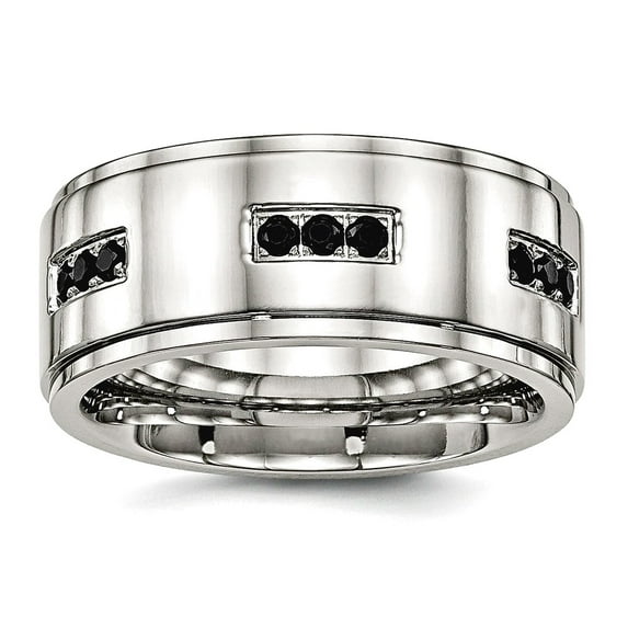 9mm Stainless Steel Polished Ridged Edged Black Cubic Zirconia Ring Size 8 Ring for Women