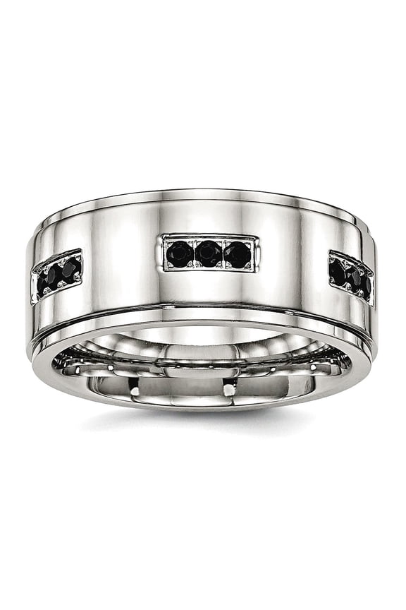 9mm Stainless Steel Polished Ridged Edged Black Cubic Zirconia Ring Size 9.5 Ring for Women