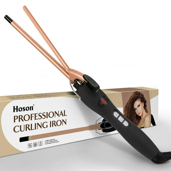 9mm Thin Curling Iron Ceramic, 3/8 inch Small Barrel Hair Curling Wand for Long & Short Hair, LCD Display with 9 Heat Setting Include Glove(Golden)