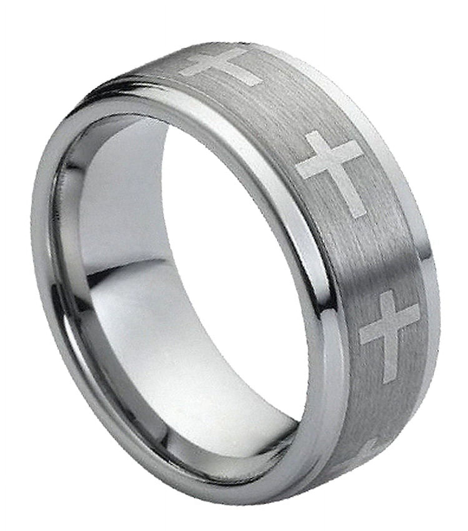 9mm Tungsten Carbide Stepped Edge Brushed Center with Crosses Wedding