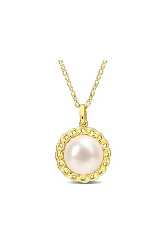 9mm White Freshwater Pearl Pendant Necklace in Yellow Plated Sterling Silver with Chain for Women