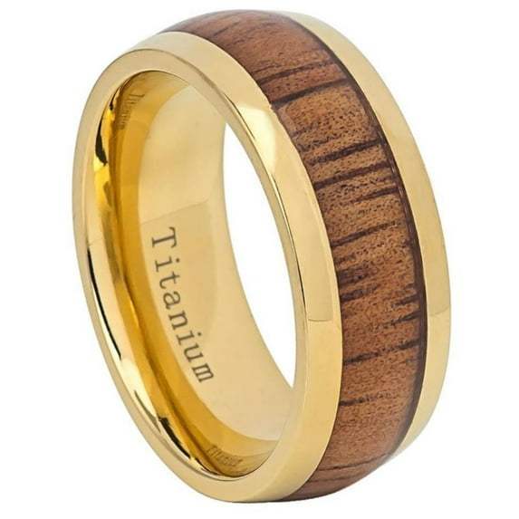 9mm Yellow IP Domed Titanium Ring with Hawaiian Koa Inlay Wedding Band Ring For Men Or Ladies