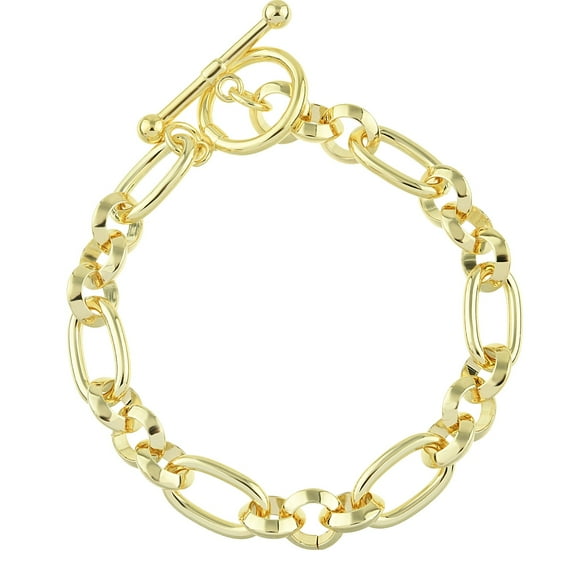 9mm Yellow Link Chain Bracelet 8 in - 14K Gold Plated Brass Rolo Chain With Toggle Clasp Bracelet - Boho Stackable Bracelet for Women, for Mom