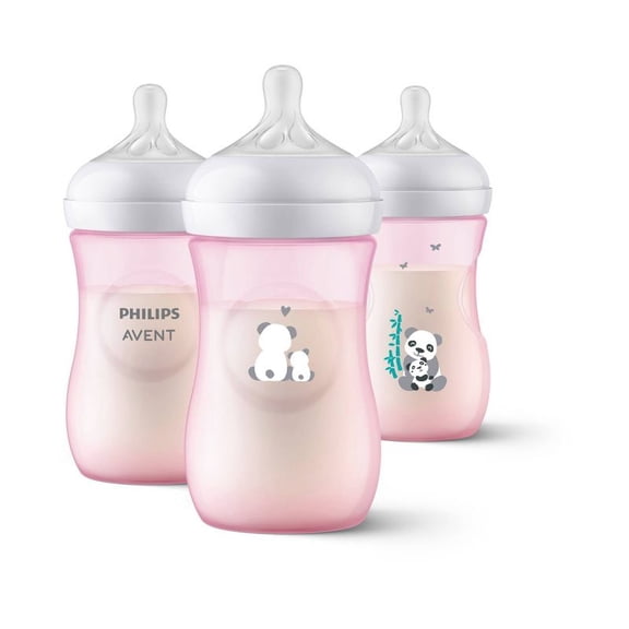 9oz Baby Bottles 3-Pack with Natural Response Silicone Nipples, BPA-Free Anti-Colic Design for Newborn Feeding, Supports Breastfeeding Transition, Easy-Clean Wide-Neck Bottles, Pink Panda Design