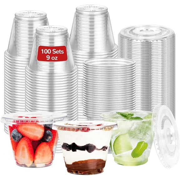 9oz Clear Disposable Plastic Cups with Flat Lids No Hole, Togo Cold Drink Cups for Fruit, Snack, Yogurt, Jelly, Pudding, Party, Picnic, 100 Sets
