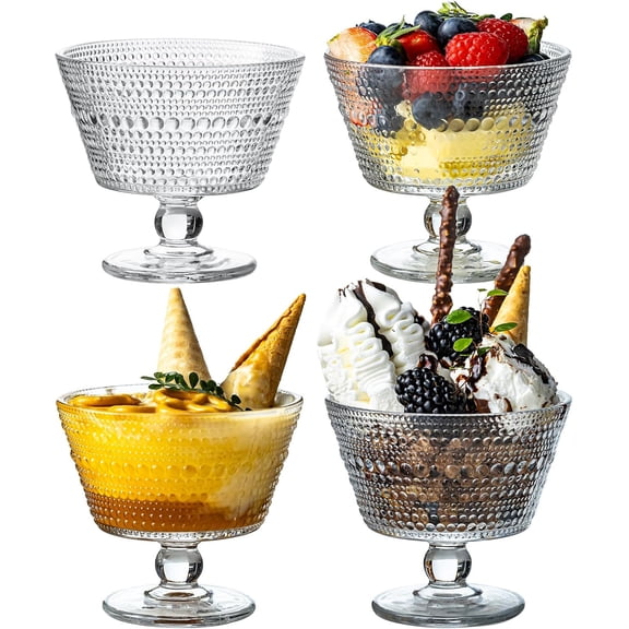 9oz Glass Ice Cream Bowls, Vintage Footed Sundae Cups,Glass Dessert for Dessert, Sundae, Ice Cream,Pudding, Jelly, Fruit, Snack, Cocktail, Condiment, Trifle (4)