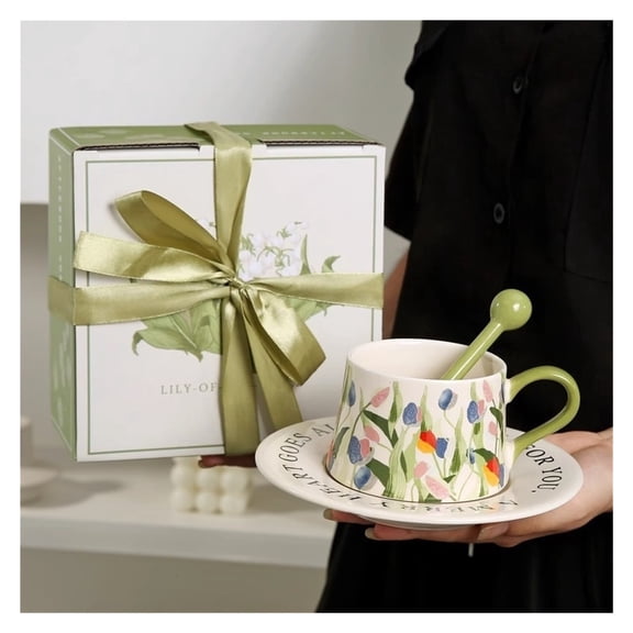 9oz Vintage Floral Pattern Coffee Mug Set, Thickened Ceramic Cup for Cappuccino, Latte, Cocoa