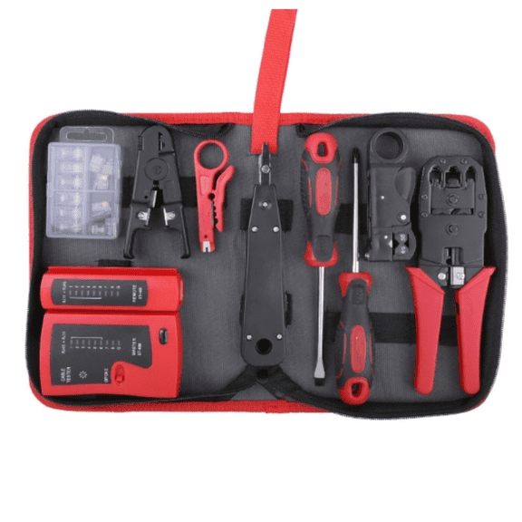 9pc Network Cable Tester Tool Kit Set for CAT5, CAT6, RJ11, RJ45. Ethernet LAN Crimper, Punchdown, Coax Stripper & More