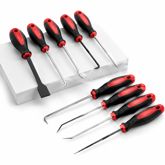 9pc Precision Hook and Pick Set with Scraper, Red, CR-V Steel Hand Tool