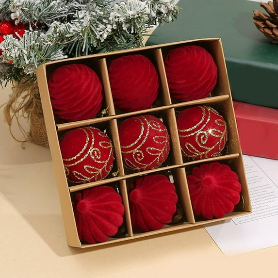 9pc Velvet Flocked Christmas Balls,Christmas Tree Balls,Shatterproof Christmas Ornaments Balls,Christmas Tree Decoration Ornaments Hanging Balls,Flocked Christmas Decoration of Christmas Party