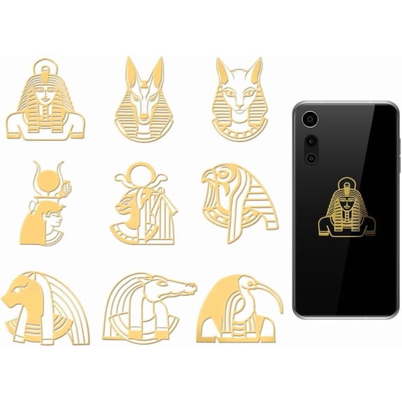 9pcs 1.6x1.6 Inch Anubis Egyptian God Stickers Golden Metal Sticker Self-Adhesive Decorative Decals Scrapbook Edge Metal Stickers Animal Patterned Decals for DIY Resin Crafts Phone Decoration