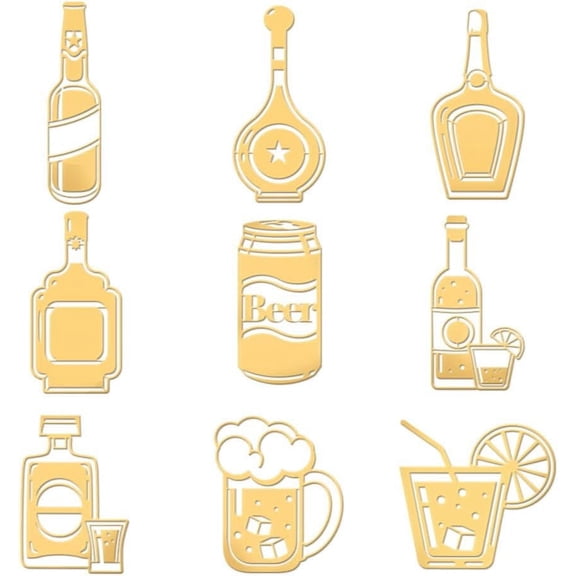 9pcs 1.6x1.6 Inch Beer Theme Stickers Wine Cocktails Self Adhesive Gold Stickers Beer Festival Metal Gold Stickers for DIY