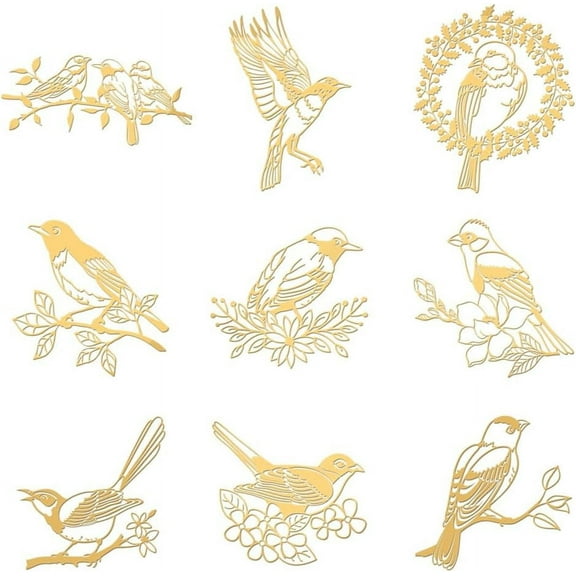 9pcs 1.6x1.6 Inch Bird Pattern Stickers Bird Branch Flower Self Adhesive Gold Stickers Animal Theme Metal Gold Stickers