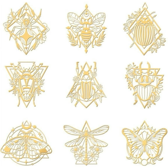 9pcs 1.6x1.6 Inch Fantasy Insects Stickers Butterflies Self Adhesive Gold Stickers Fantasy Theme Metal Gold Stickers for Scrapbooks DIY Resin Crafts Phone Water Bottle Decor Gold
