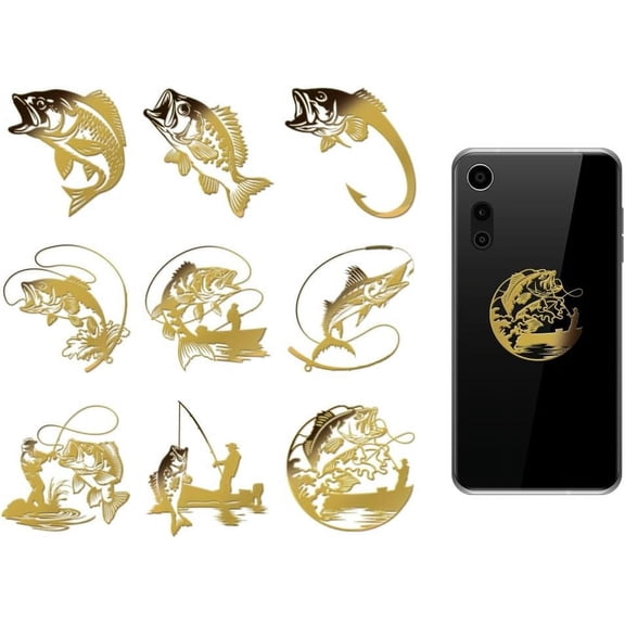 9pcs 1.6x1.6 Inch Fish Pattern Metal Stickers Fishing Self Adhesive Gold Stickers Fish Theme Metal Gold Stickers for Scrapbooks DIY Resin Crafts Phone Decor Gold